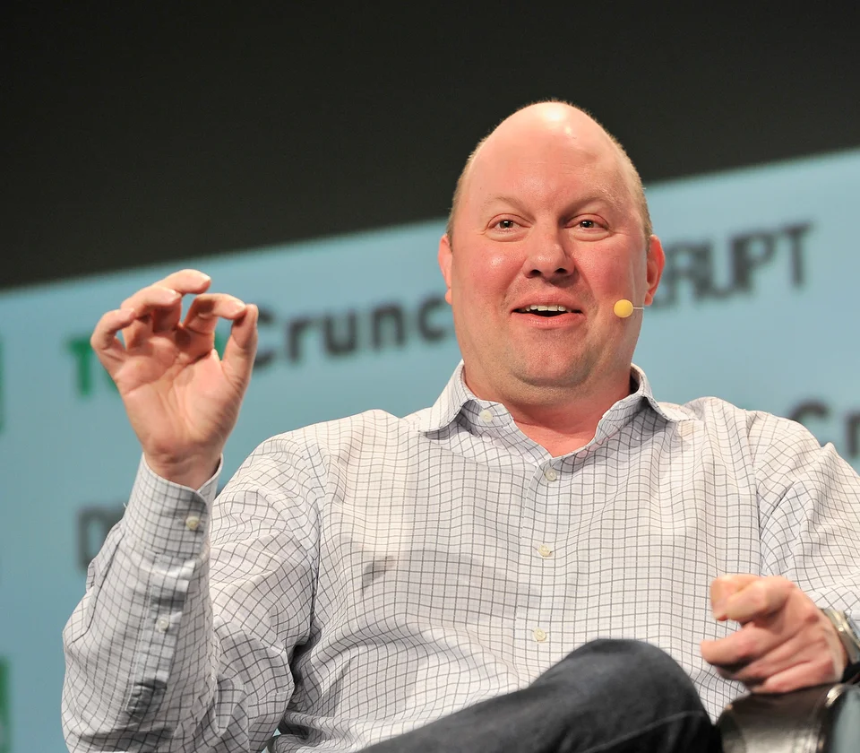 Marc Andreessen speaking and gesturing onstage at TechCrunch Disrupt 2016.