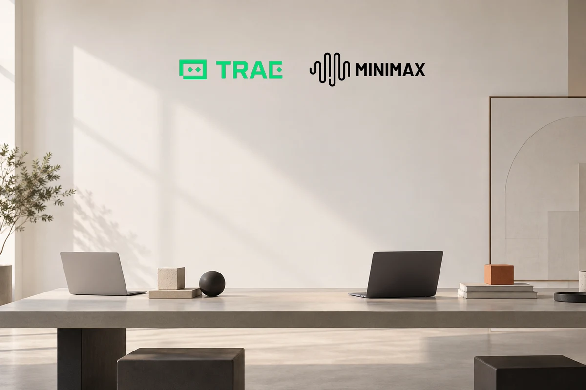 TRAE and MiniMax logos in a minimal builder workspace.